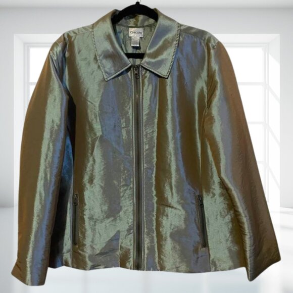 Chico's XL (3) Shimmer Metallic Puffer Jacket Olive Gold Light Zip Up Outerwear - Picture 2 of 11